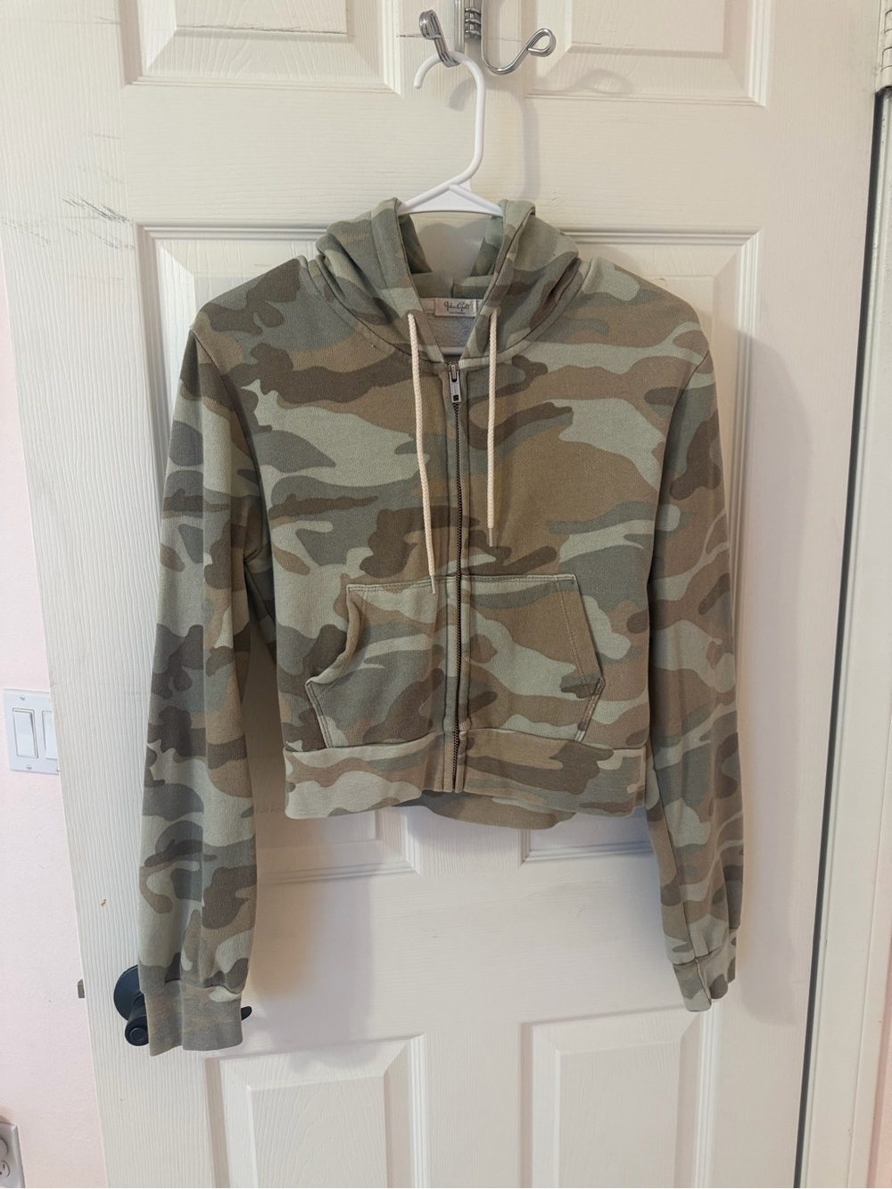 Brandy Melville Cropped Camo Zip Hoodie - Olive, Tan, Gray